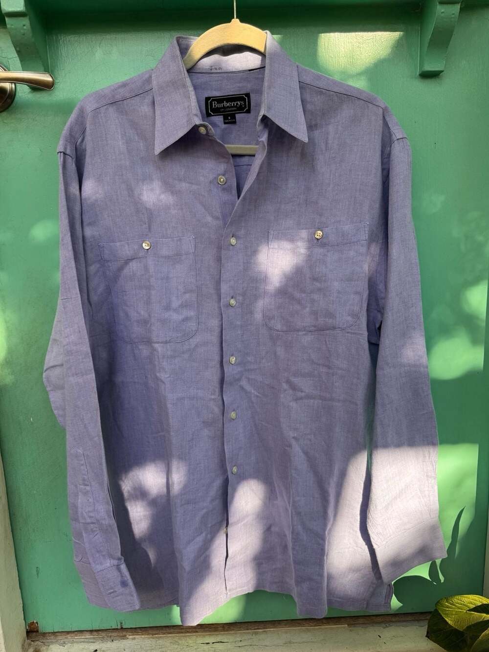 Burberrys Long Sleeve Button Up Shirt Size S Light Blue Herringbone